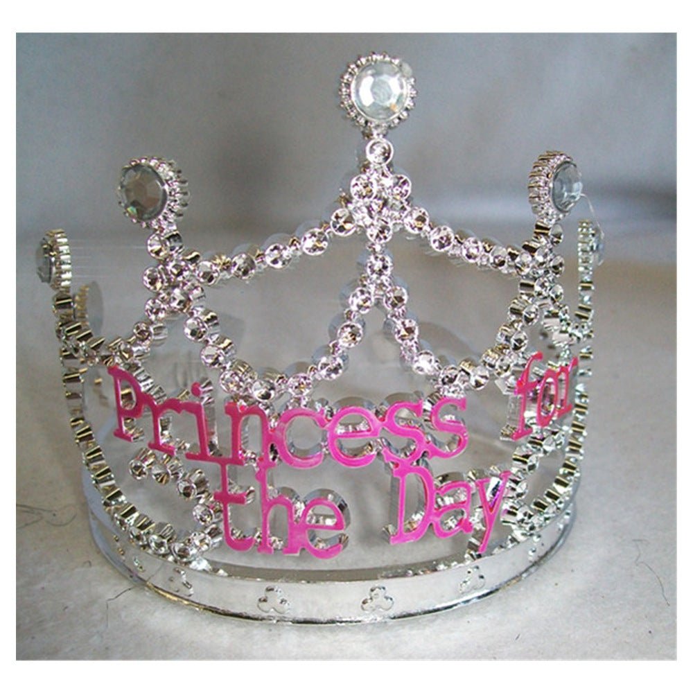 Princess for the Day Tiara - Silver Rhinestone Crown with Pink Lettering - Silver V922-AWD-D1301-PRITIA-SILVER