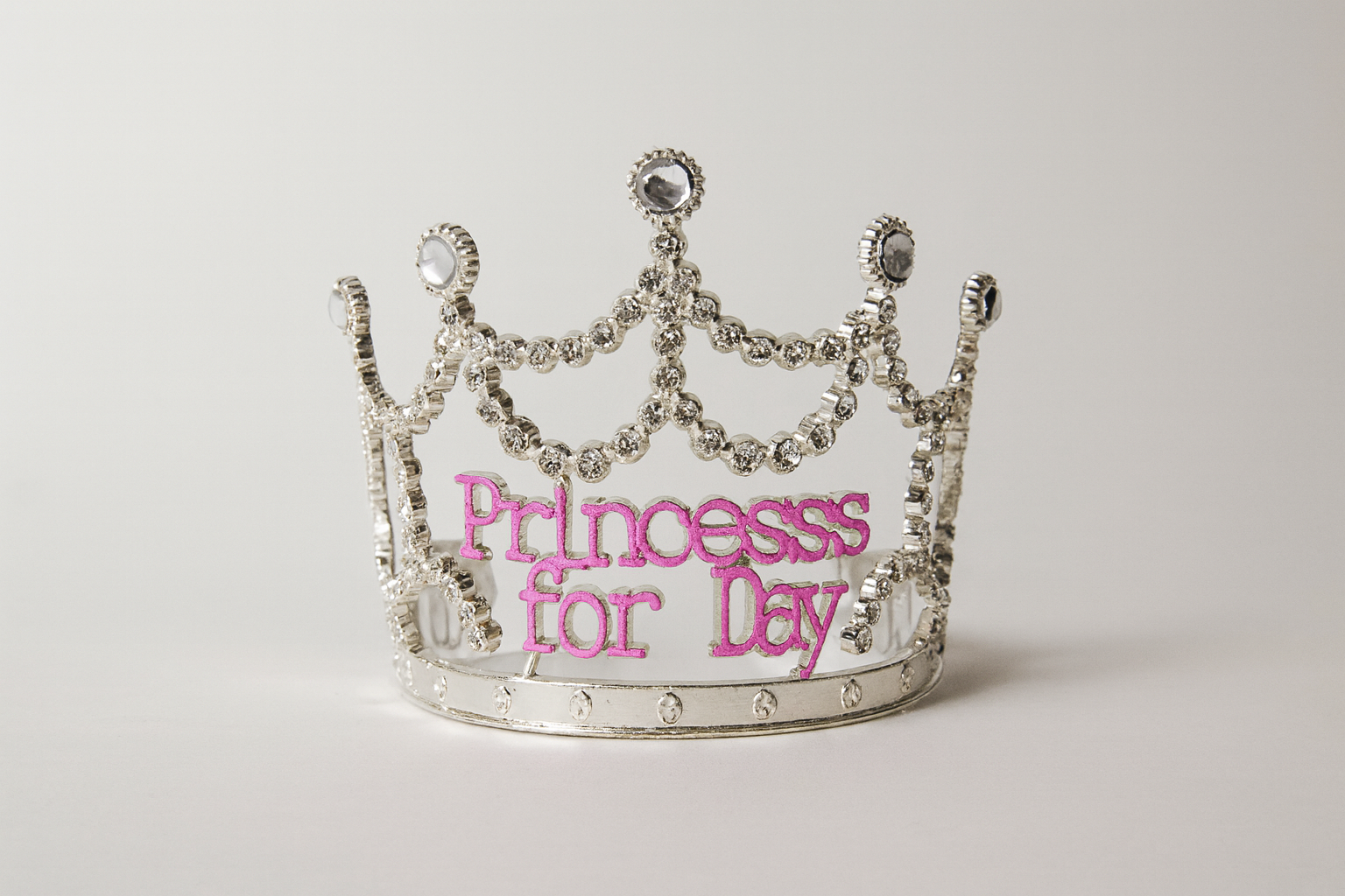 Princess for the Day Tiara - Silver Rhinestone Crown with Pink Lettering - Silver V922-AWD-D1301-PRITIA-SILVER