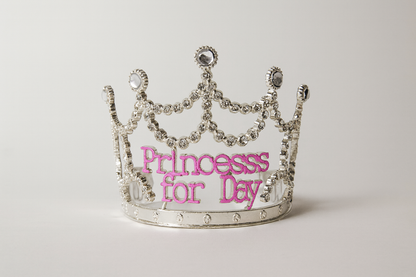 Princess for the Day Tiara - Silver Rhinestone Crown with Pink Lettering - Silver V922-AWD-D1301-PRITIA-SILVER