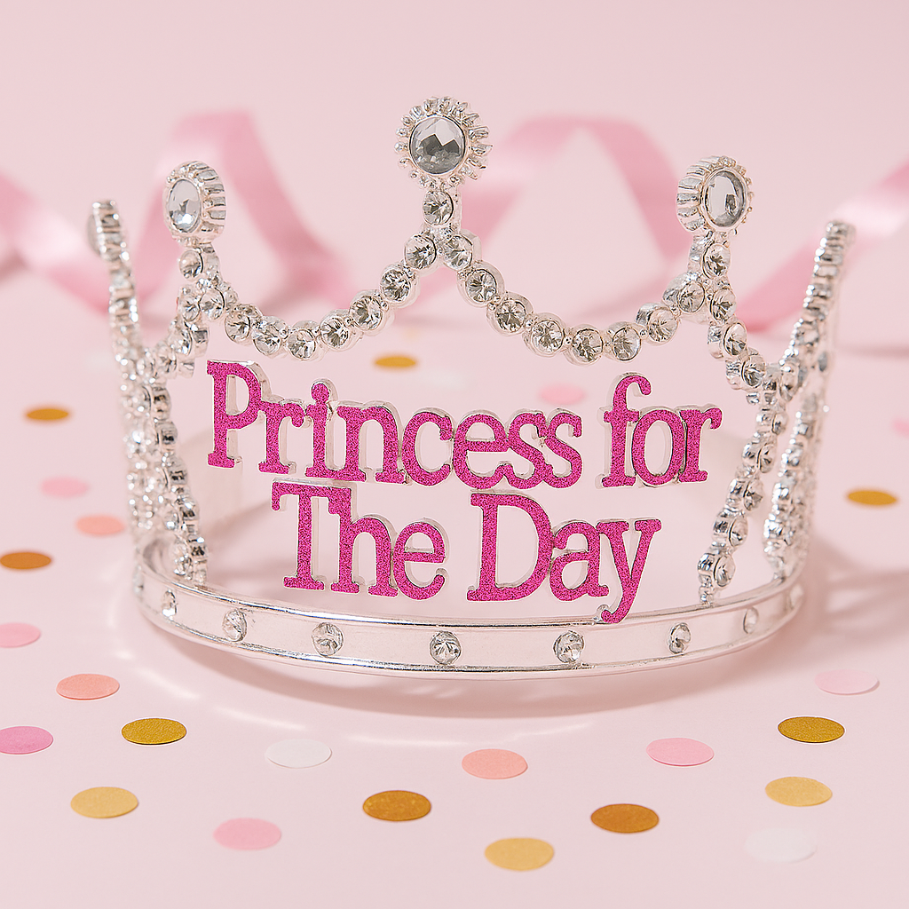 Princess for the Day Tiara - Silver Rhinestone Crown with Pink Lettering - Silver V922-AWD-D1301-PRITIA-SILVER
