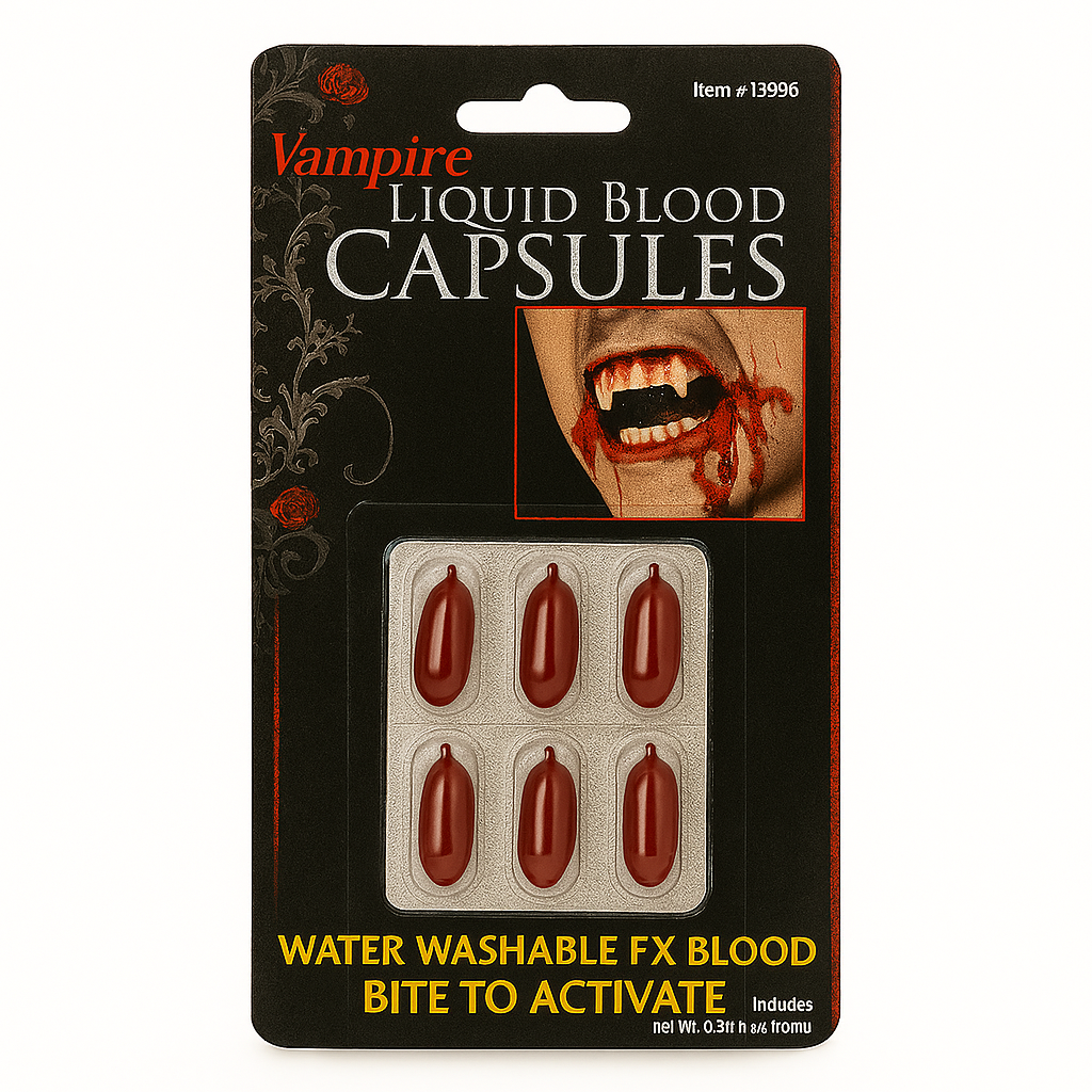 Vampire Liquid Blood Capsules - Halloween Costume FX, Water Washable, 6-Pack V922-AWD-D1311-BLOCAP