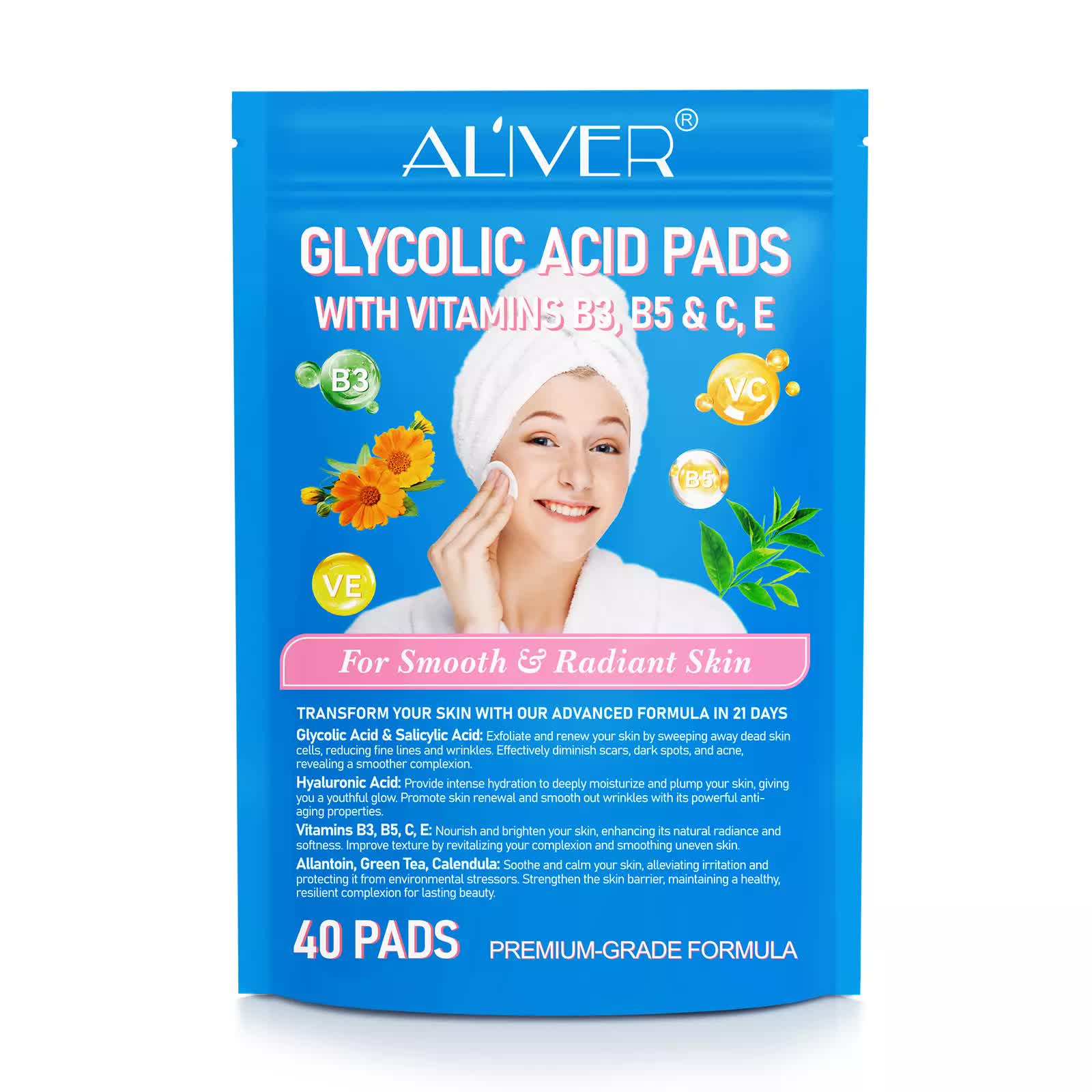 ALIVER Glycolic acid pads with vitamins B3,B5 & C,E 40 PADS V932-ALIVER-G-PAD