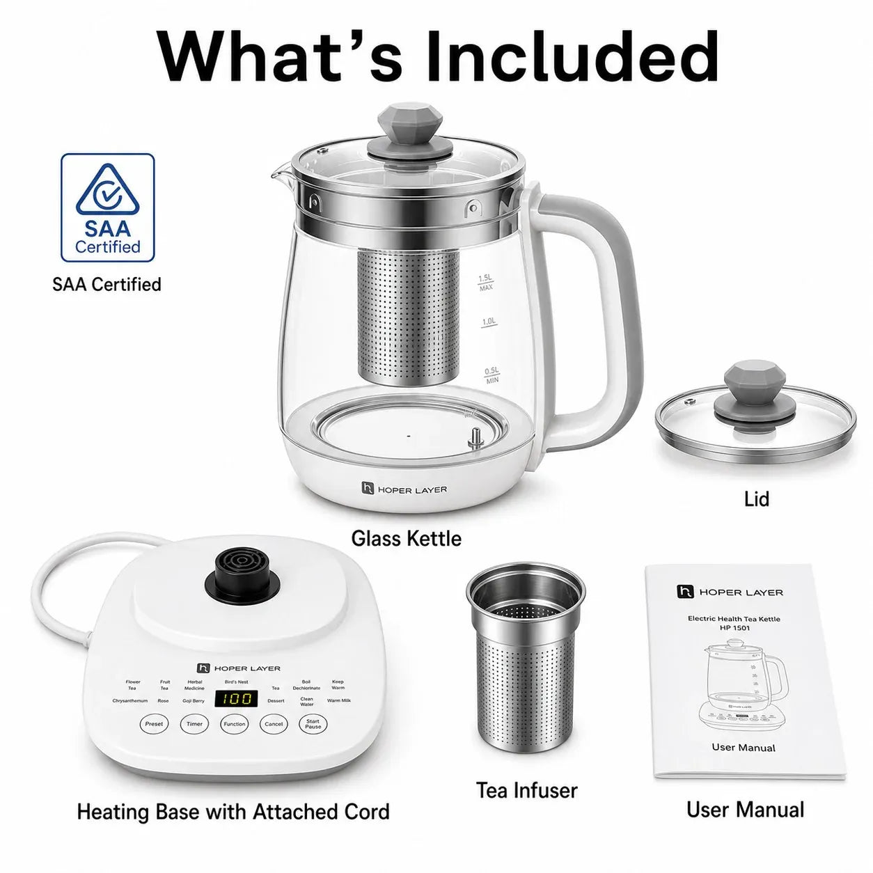 HOPER LAYER FA-K1501 Electric Glass Tea Kettle 1.5L Tea Maker SAA Certified