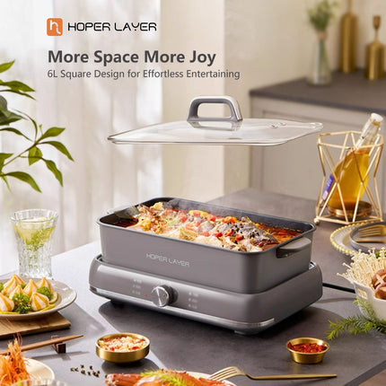 HOPER LAYER Electric Hot Pot 6L - Multifunctional Nonstick Cooker with Grill, Boil, Simmer & Fry Modes 2000W V940-HG-181-01