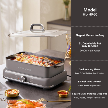 HOPER LAYER Electric Hot Pot 6L - Multifunctional Nonstick Cooker with Grill, Boil, Simmer & Fry Modes 2000W V940-HG-181-01