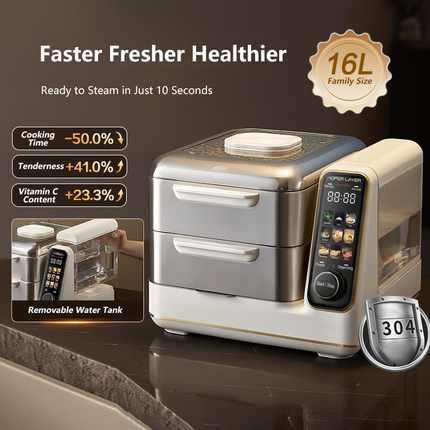Hoper Layer Electric Food Steamer 16L Large Capacity 10 Second Start 24H Timer Independent Water Tank V940-HG180-01