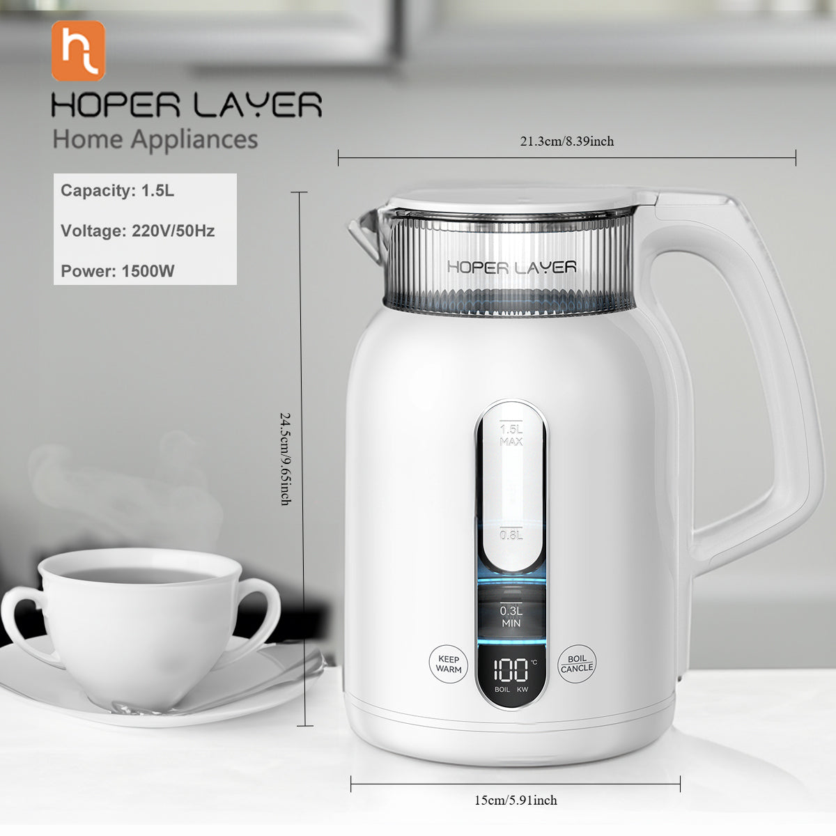 Hoper Layer Insulation Electric Kettle 1.5L 1500W Water Boiler K15-G1 V940-K15-G1