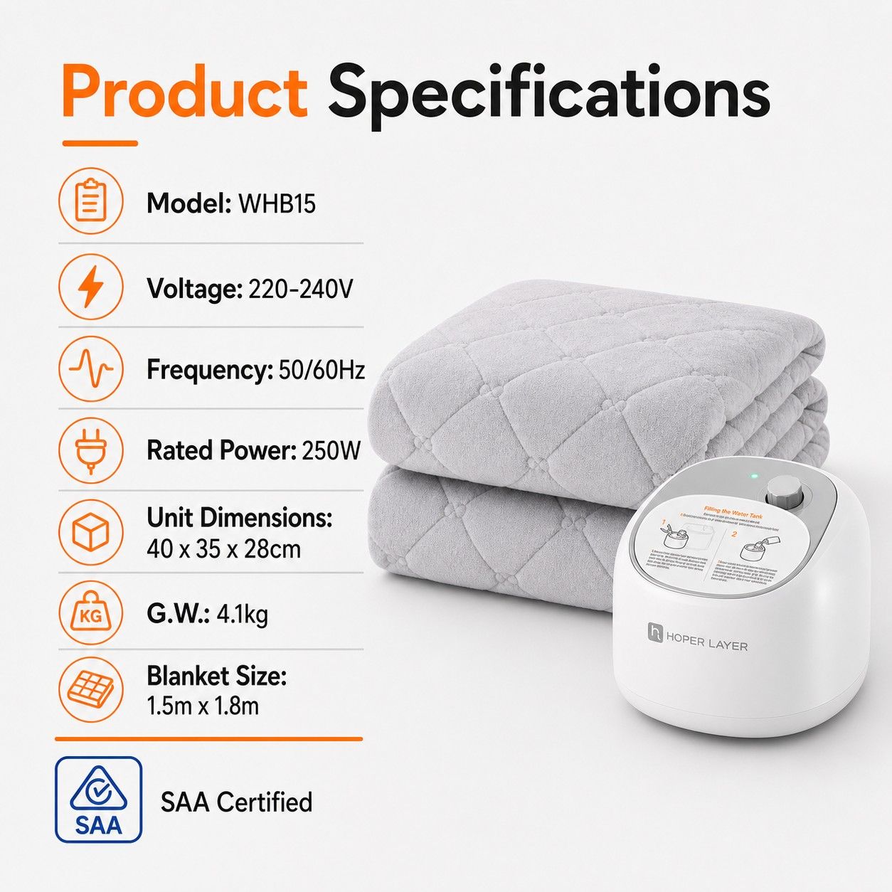 HOPER LAYER WHB15 Water Heated Blanket Water Heating Mattress Pad
