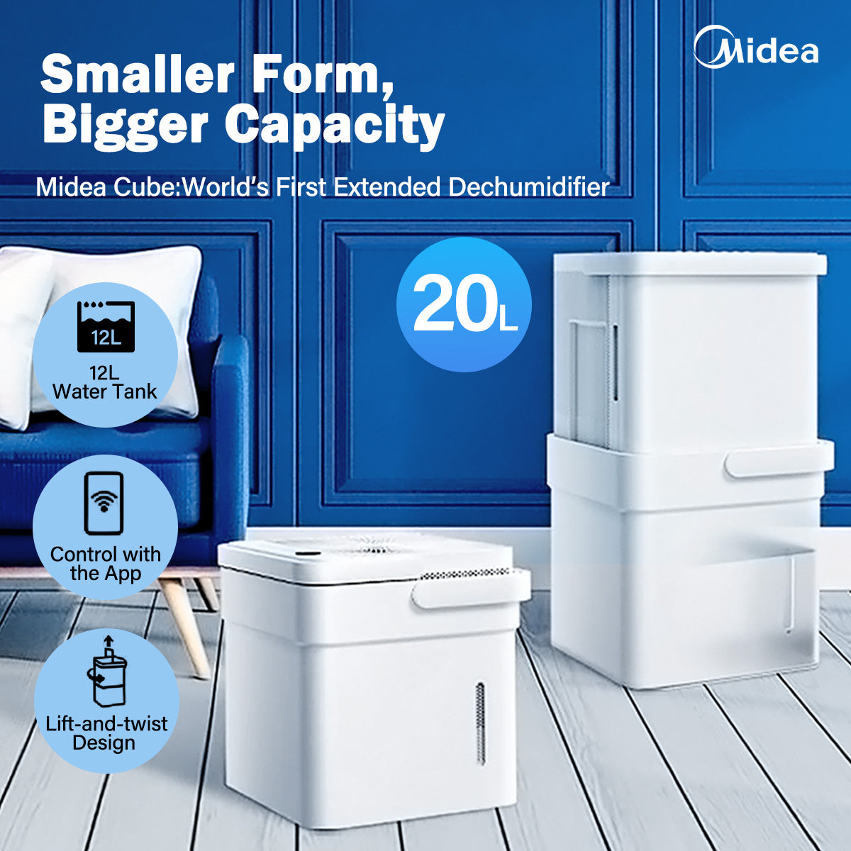 Midea Smart Cube Dehumidifier 20L/Day 12L Water Tank Compact Storage Full Water Warning V943-MDDM20