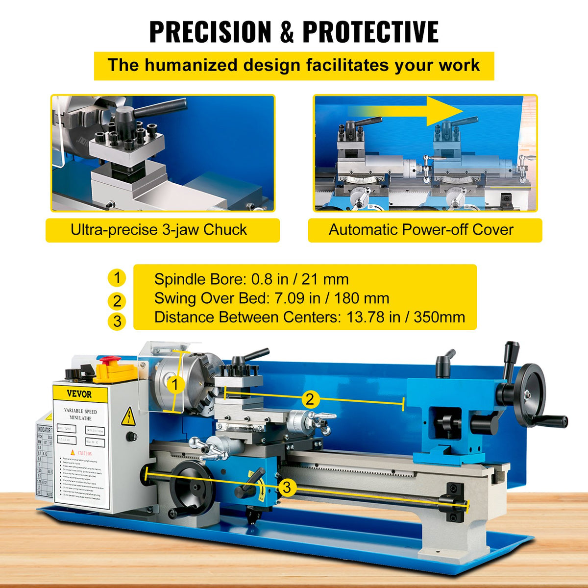 Metal Lathe 7'' x 14'', Mini Metal Lathe 0-2500 RPM Variable Speed,Mini Lathe with 4"" 3-jaw Chuck,Bench Top V952-0618WXCC000000001V3