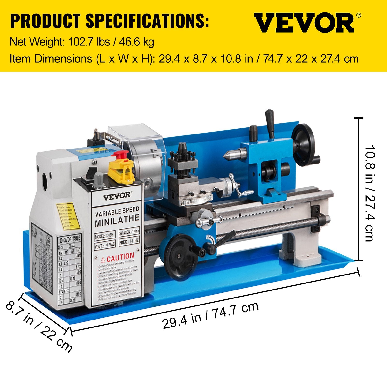 Metal Lathe 7'' x 14'', Mini Metal Lathe 0-2500 RPM Variable Speed,Mini Lathe with 4"" 3-jaw Chuck,Bench Top V952-0618WXCC000000001V3