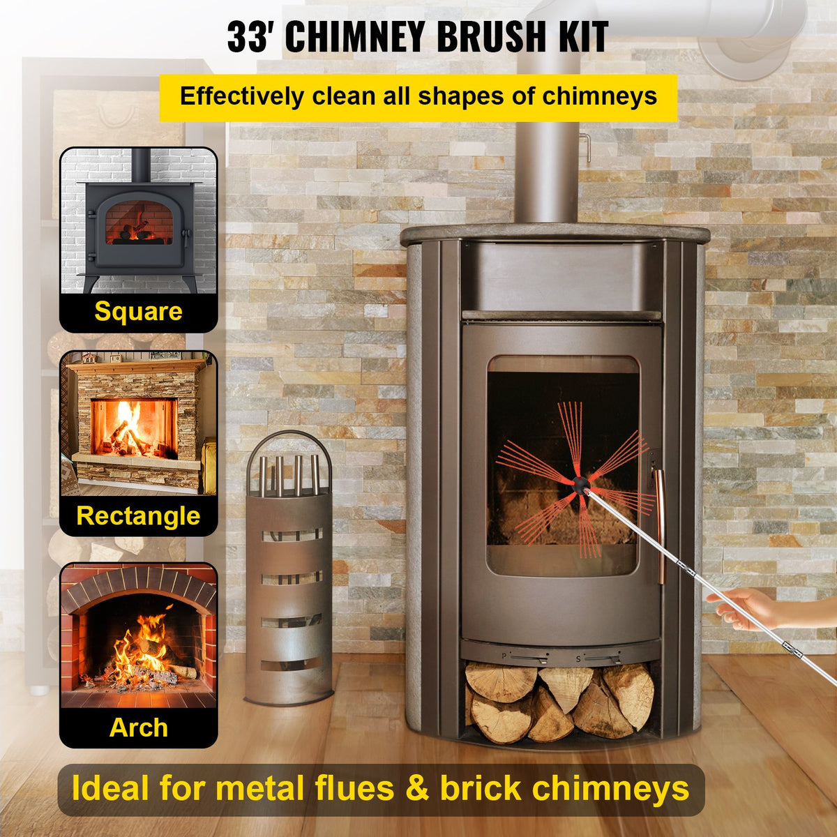 Chimney Sweep Kit 33FT Chimney Cleaning Kit Nylon Sooteater Chimney Cleaning Kit Flexible Brush Head Chimney V952-10MYCS00000000001V0