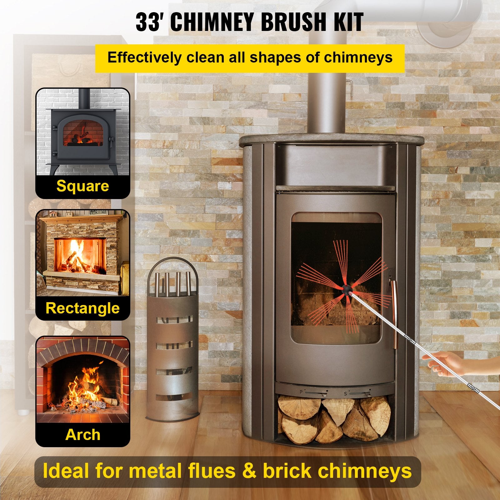 Chimney Sweep Kit 33FT Chimney Cleaning Kit Nylon Sooteater Chimney Cleaning Kit Flexible Brush Head Chimney V952-10MYCS00000000001V0