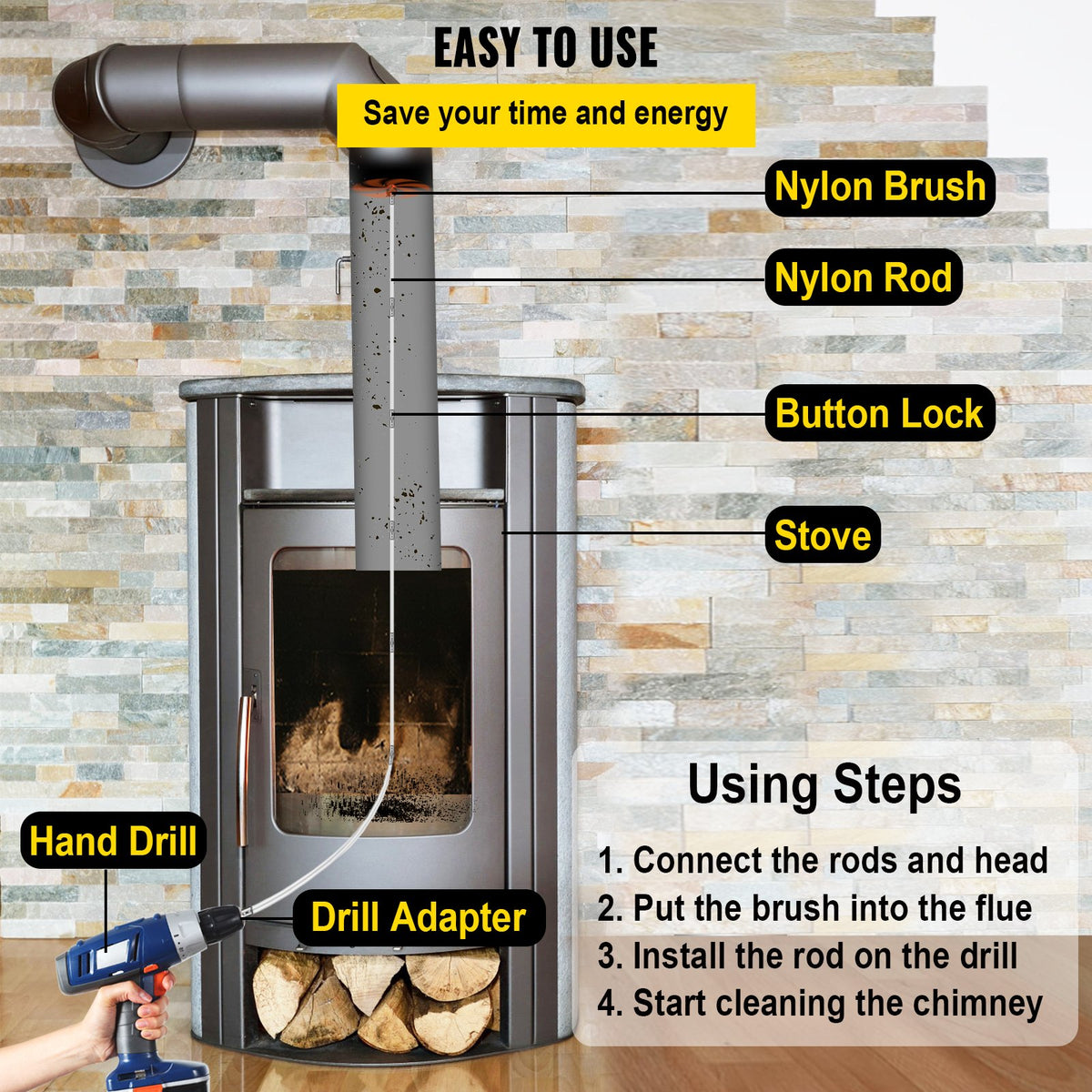 Chimney Sweep Kit 33FT Chimney Cleaning Kit Nylon Sooteater Chimney Cleaning Kit Flexible Brush Head Chimney V952-10MYCS00000000001V0