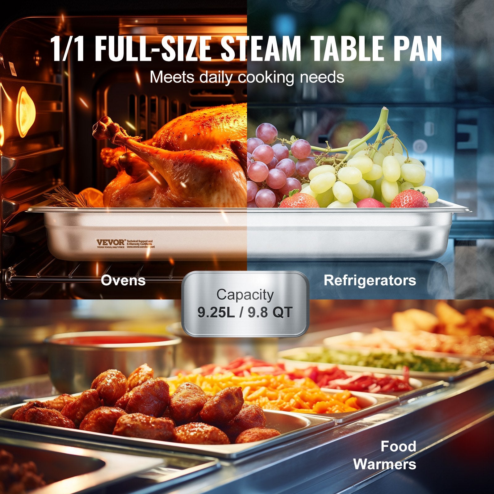 6 Pack Hotel Pans, Full Size Anti-Jam Steam Pan, 0.8mm Thick Stainless Steel Restaurant Steam Table Pan, V952-11QCCPWG25YCP9ZNIV0