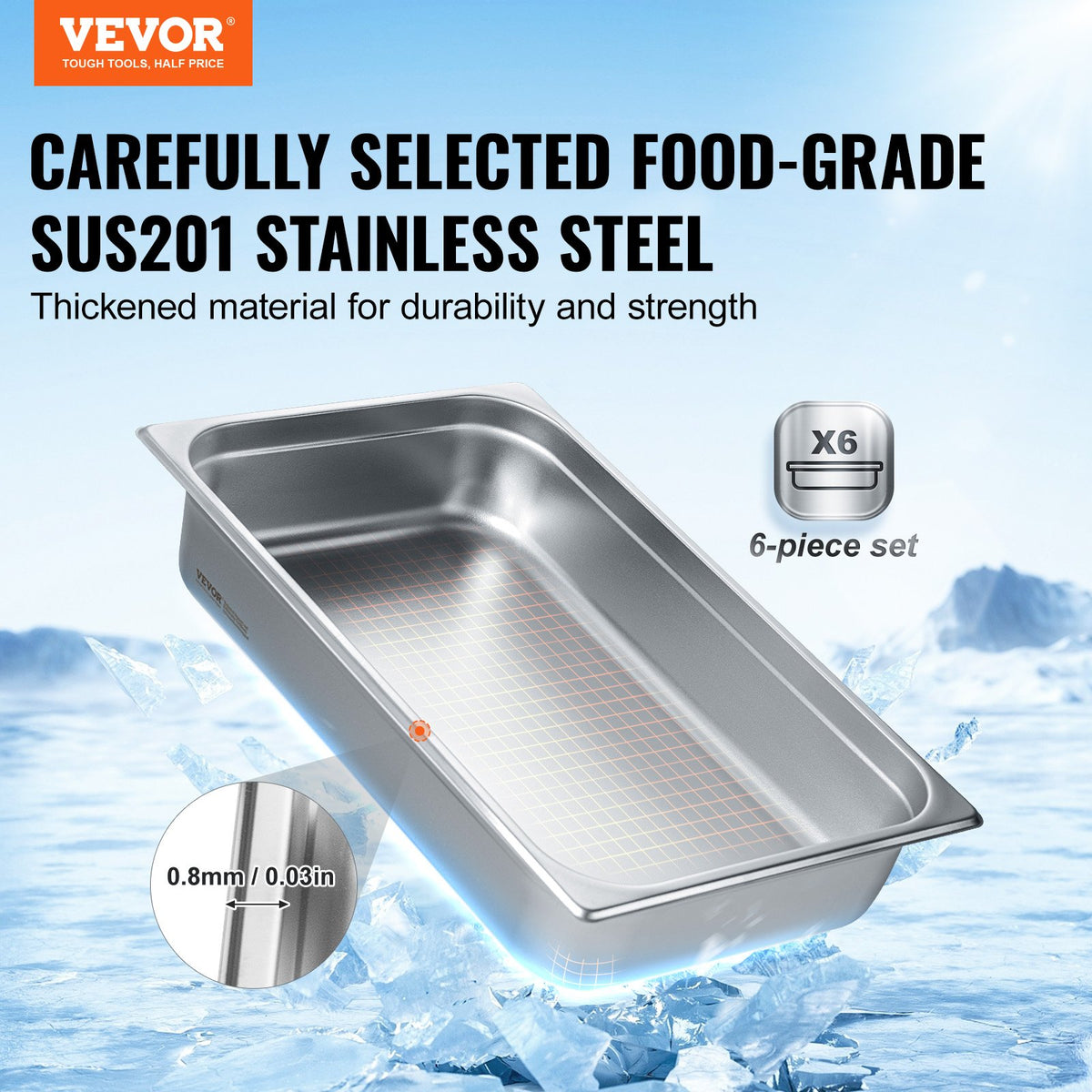 6 Pack Hotel Pans, Full Size Anti-Jam Steam Pan, 0.8mm Thick Stainless Steel Restaurant Steam Table Pan, V952-11QCCPWG4YCSYANA6V0