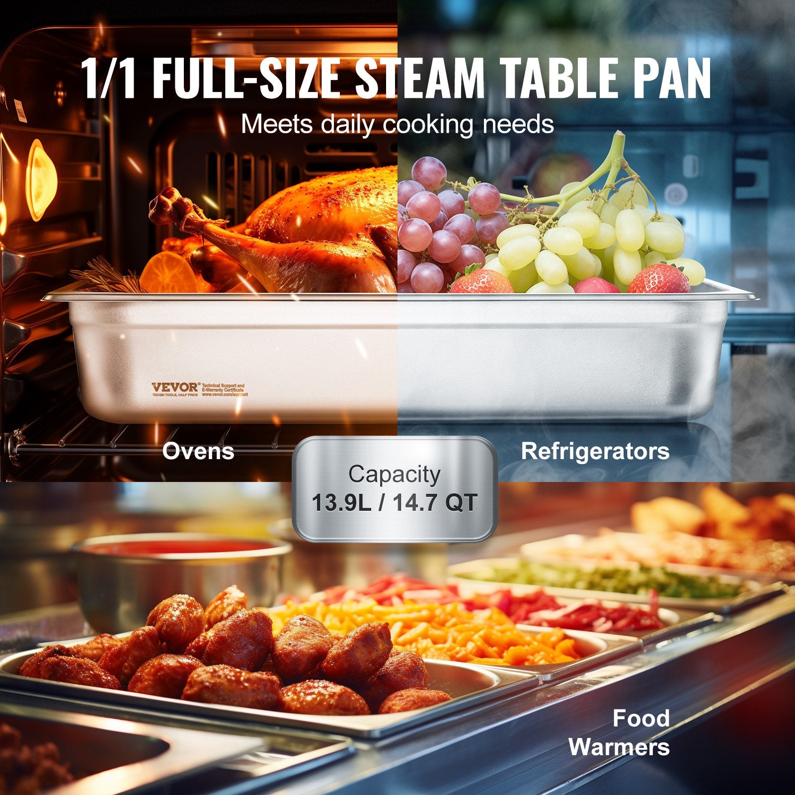 6 Pack Hotel Pans, Full Size Anti-Jam Steam Pan, 0.8mm Thick Stainless Steel Restaurant Steam Table Pan, V952-11QCCPWG4YCSYANA6V0