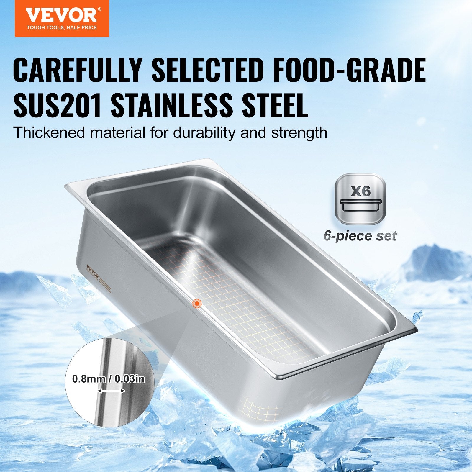 6 Pack Hotel Pans, Full Size Anti-Jam Steam Pan, 0.8mm Thick Stainless Steel Restaurant Steam Table Pan, V952-11QCCPWG6YCSQE87TV0