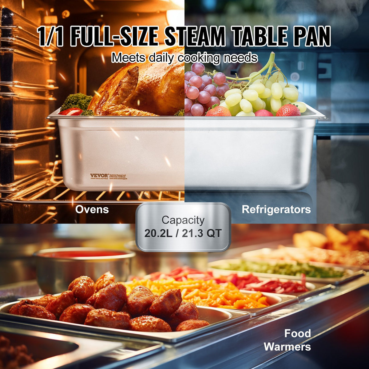 6 Pack Hotel Pans, Full Size Anti-Jam Steam Pan, 0.8mm Thick Stainless Steel Restaurant Steam Table Pan, V952-11QCCPWG6YCSQE87TV0