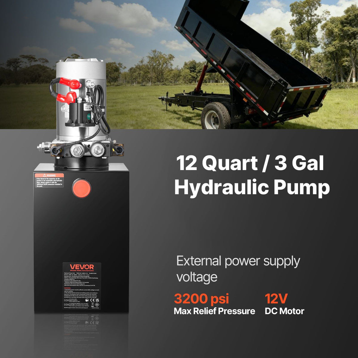 12 L Hydraulic Power Unit, Double Acting Dump Trailer Pump, 22 MPa Max Relief Pressure & 3.4 L/min Flow Rate, V952-12VSZYFXJSYXGNVP0001V9