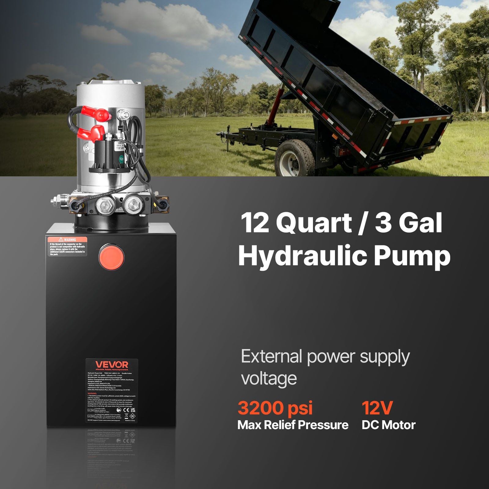 12 L Hydraulic Power Unit, Double Acting Dump Trailer Pump, 22 MPa Max Relief Pressure & 3.4 L/min Flow Rate, V952-12VSZYFXJSYXGNVP0001V9