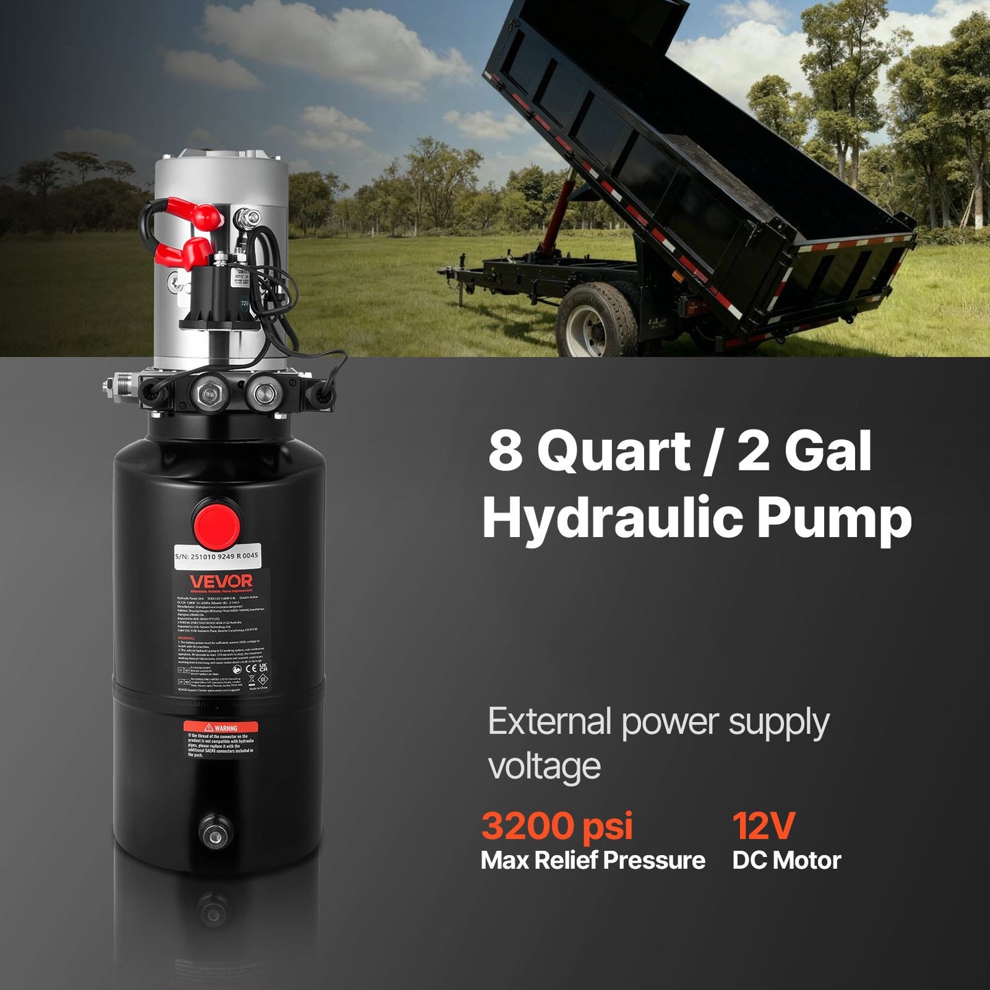 8 L Hydraulic Power Unit, Double Acting Dump Trailer Pump, 22 MPa Max Relief Pressure & 3.4 L/min Flow Rate, V952-12VSZYYXJSYX1FV09001V9