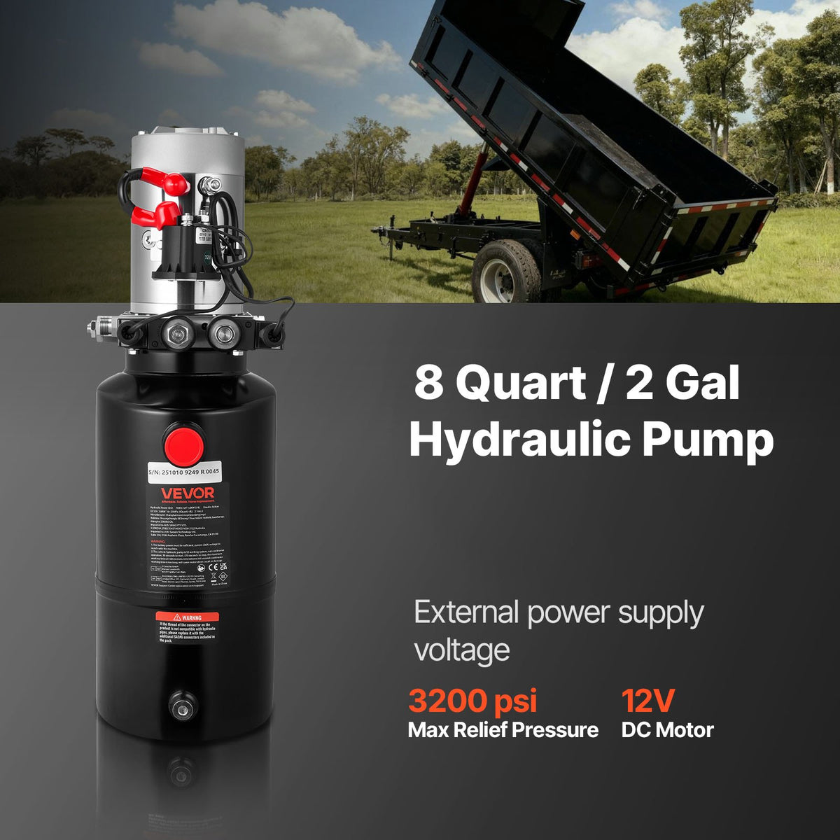 8 L Hydraulic Power Unit, Double Acting Dump Trailer Pump, 22 MPa Max Relief Pressure & 3.4 L/min Flow Rate, V952-12VSZYYXJSYX1FV09001V9