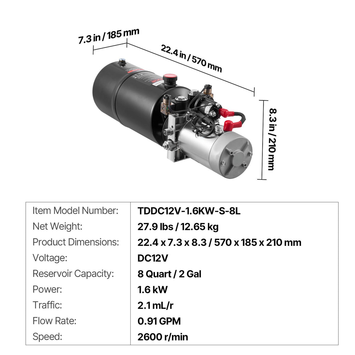 8 L Hydraulic Power Unit, Double Acting Dump Trailer Pump, 22 MPa Max Relief Pressure & 3.4 L/min Flow Rate, V952-12VSZYYXJSYX1FV09001V9