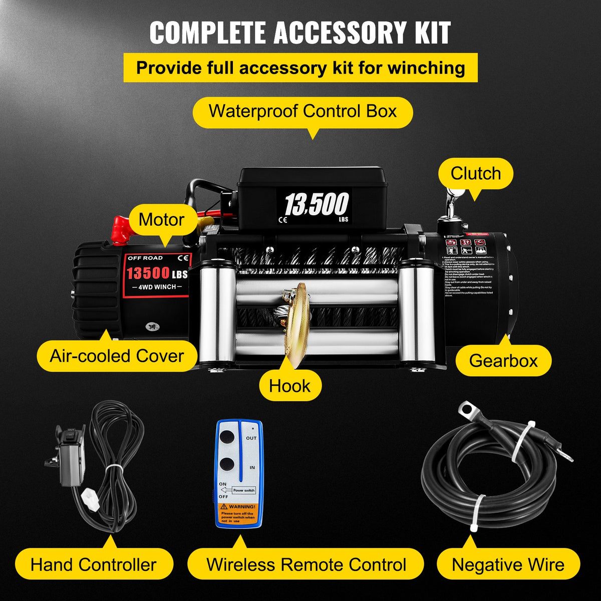 Electric Winch 13500lb/6123kg, Steel Cable Recovery Winch 12V, Power Winch with Wireless Remote Control, V952-13500LBSJPPTB0001V0