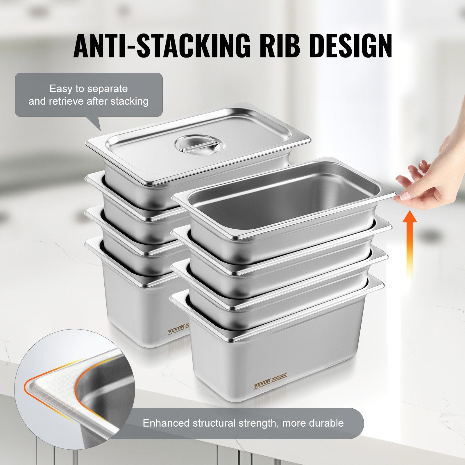 8 Pack Hotel Pans, 1/3 Size Anti-Jam Steam Pan with Lid, 0.8mm Thick Stainless Steel Steam Table Pan, 6-Inch V952-13FCCPBXG8JTBFFA9V0