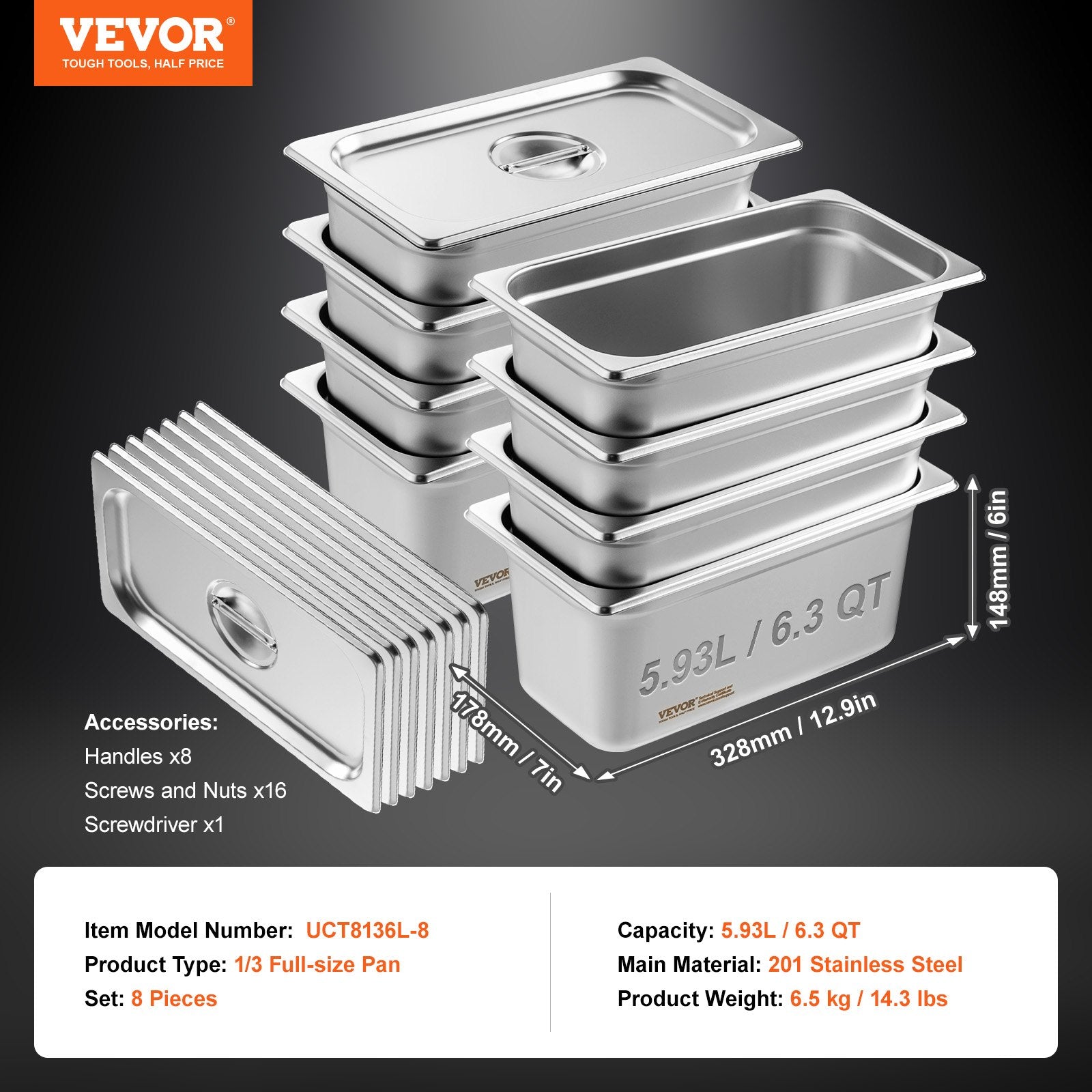 8 Pack Hotel Pans, 1/3 Size Anti-Jam Steam Pan with Lid, 0.8mm Thick Stainless Steel Steam Table Pan, 6-Inch V952-13FCCPBXG8JTBFFA9V0