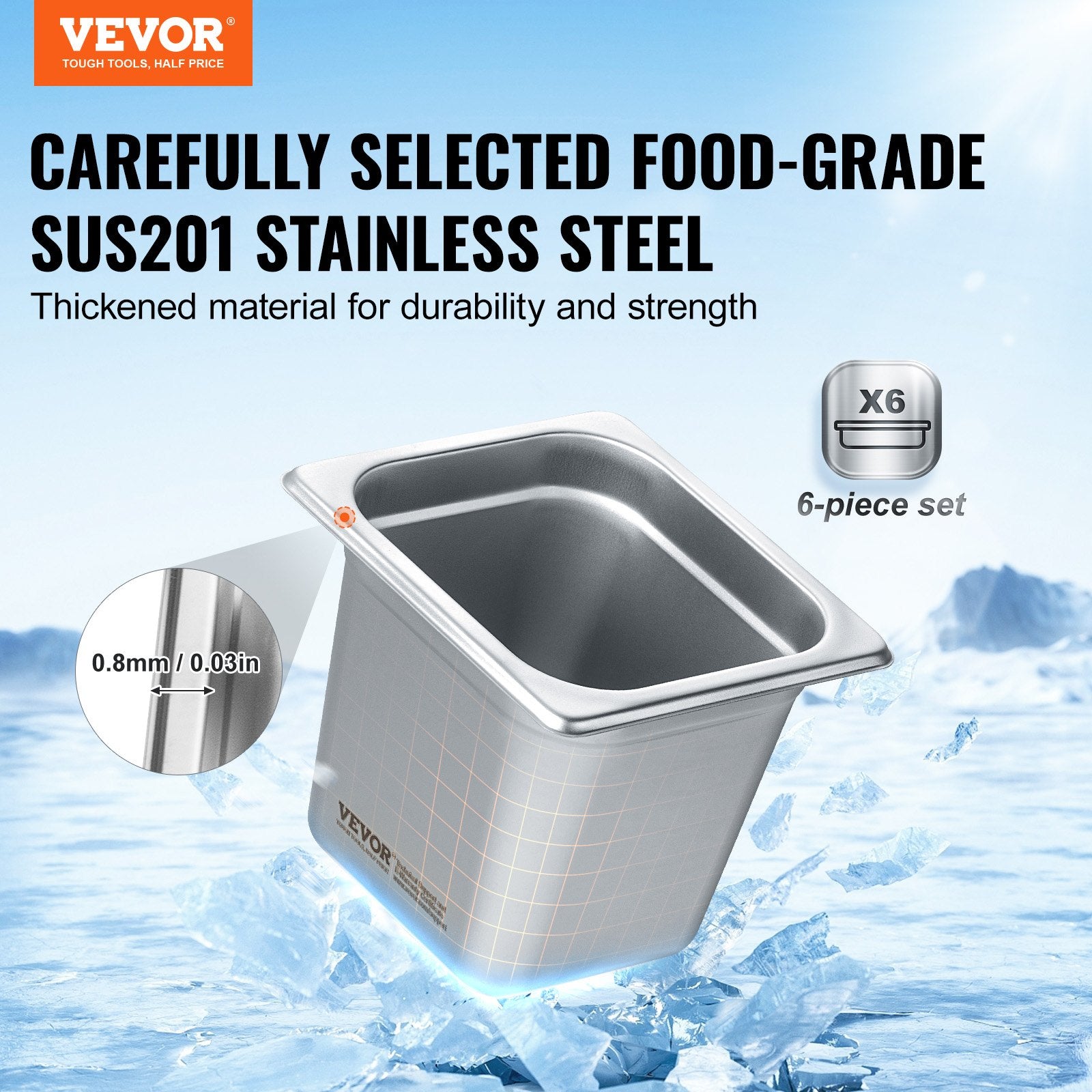 6 Pack Hotel Pans, 1/6 Size Anti-Jam Steam Pan, 0.8mm Thick Stainless Steel Restaurant Steam Table Pan, V952-16FCCPBXG6JTSOEA6V0