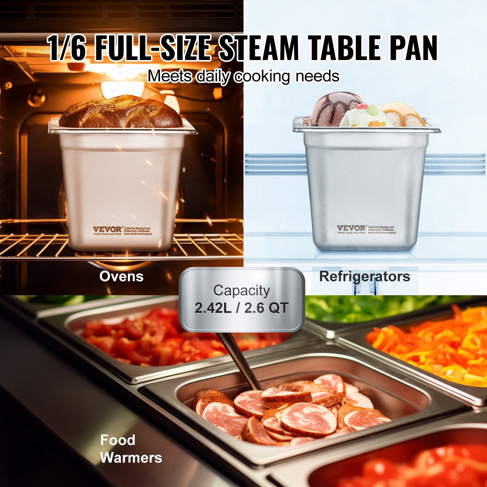 6 Pack Hotel Pans, 1/6 Size Anti-Jam Steam Pan, 0.8mm Thick Stainless Steel Restaurant Steam Table Pan, V952-16FCCPBXG6JTSOEA6V0