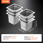 6 Pack Hotel Pans, 1/6 Size Anti-Jam Steam Pan, 0.8mm Thick Stainless Steel Restaurant Steam Table Pan, V952-16FCCPBXG6JTSOEA6V0