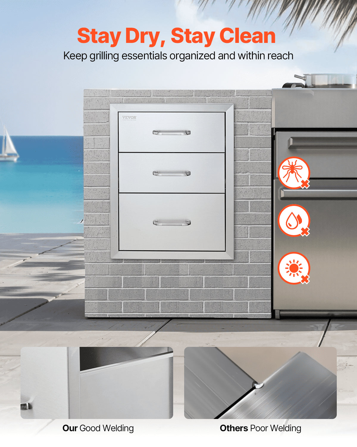 18x23 Inch Outdoor Kitchen Stainless Steel Triple Access BBQ Drawers with Chrome Handle, 18 x23 x 23 Inch V952-18X23YC3CBXGCTG01V0