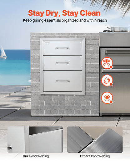 18x23 Inch Outdoor Kitchen Stainless Steel Triple Access BBQ Drawers with Chrome Handle, 18 x23 x 23 Inch V952-18X23YC3CBXGCTG01V0