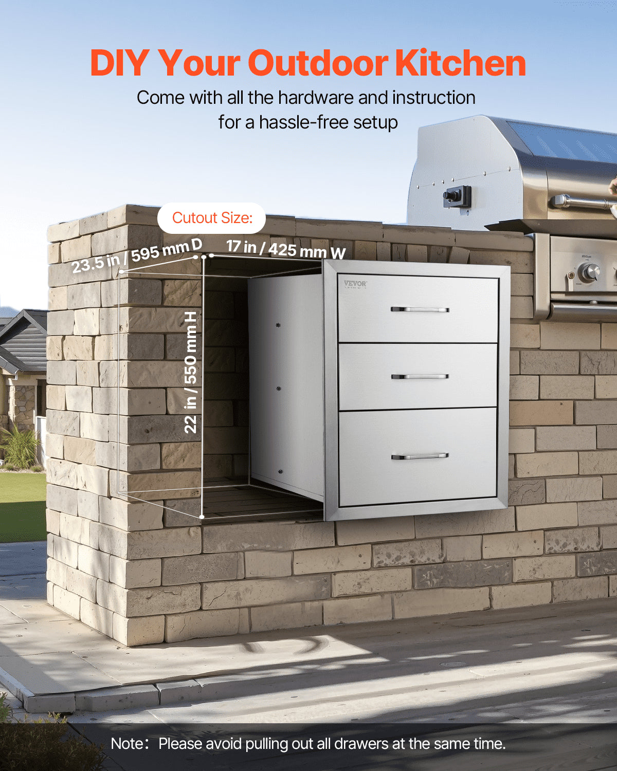 18x23 Inch Outdoor Kitchen Stainless Steel Triple Access BBQ Drawers with Chrome Handle, 18 x23 x 23 Inch V952-18X23YC3CBXGCTG01V0