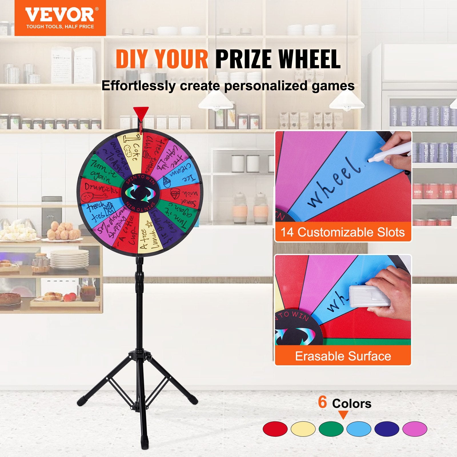 18 Inch Tabletop Color Prize Wheel with Folding Tripod Floor Stand 14 Slots Dry Erase V952-18YCSJZCCSZL00001V0