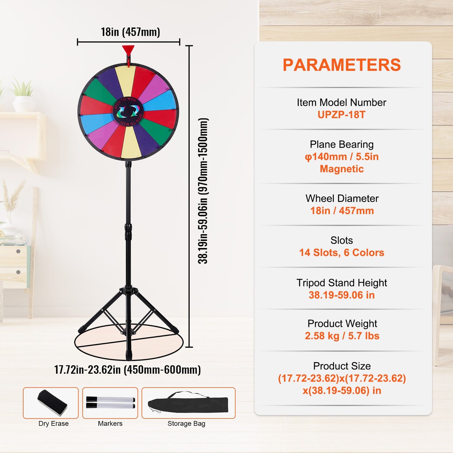 18 Inch Tabletop Color Prize Wheel with Folding Tripod Floor Stand 14 Slots Dry Erase V952-18YCSJZCCSZL00001V0