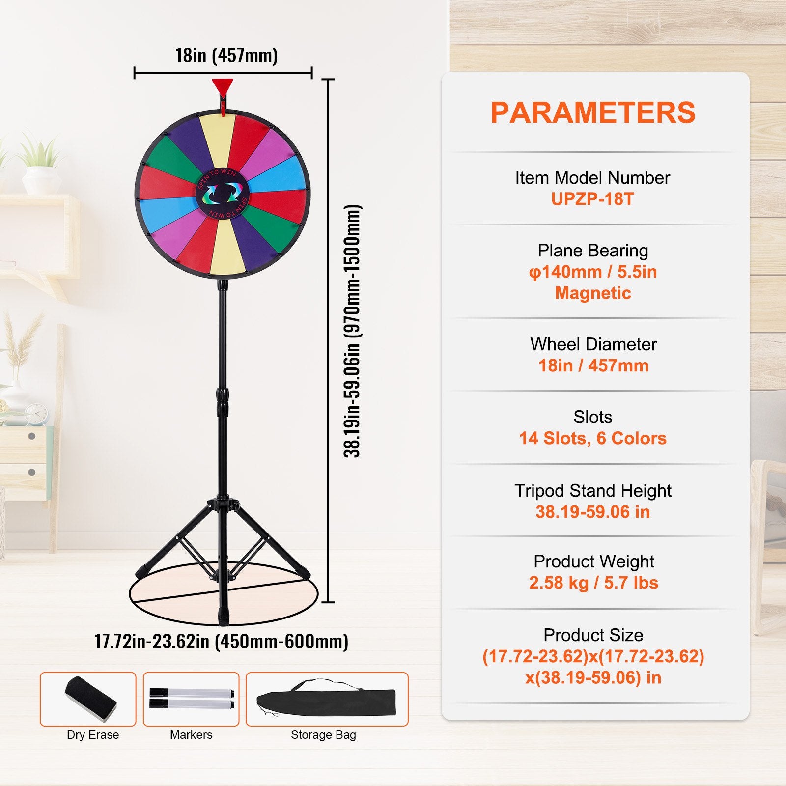 18 Inch Tabletop Color Prize Wheel with Folding Tripod Floor Stand 14 Slots Dry Erase V952-18YCSJZCCSZL00001V0
