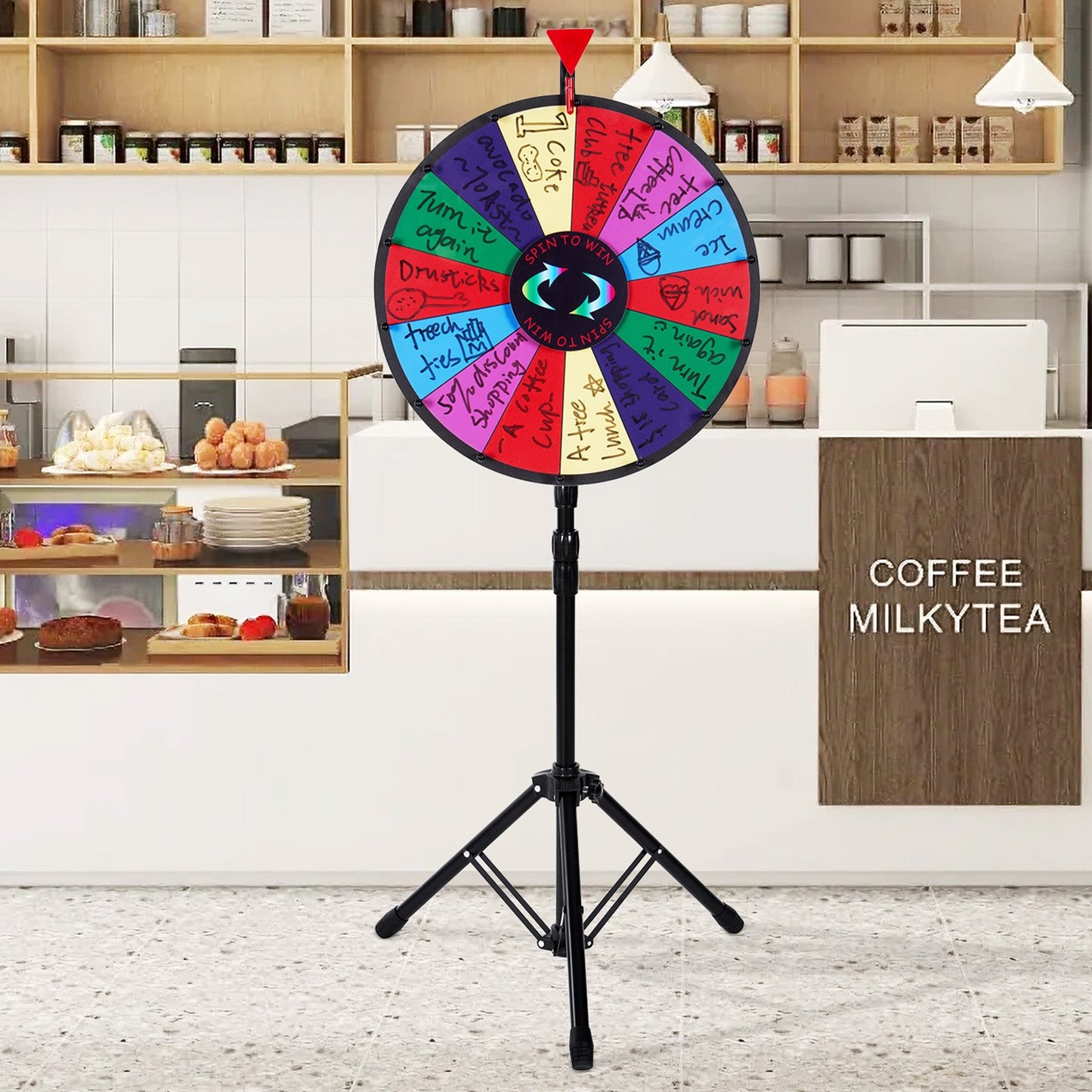 18 Inch Tabletop Color Prize Wheel with Folding Tripod Floor Stand 14 Slots Dry Erase V952-18YCSJZCCSZL00001V0