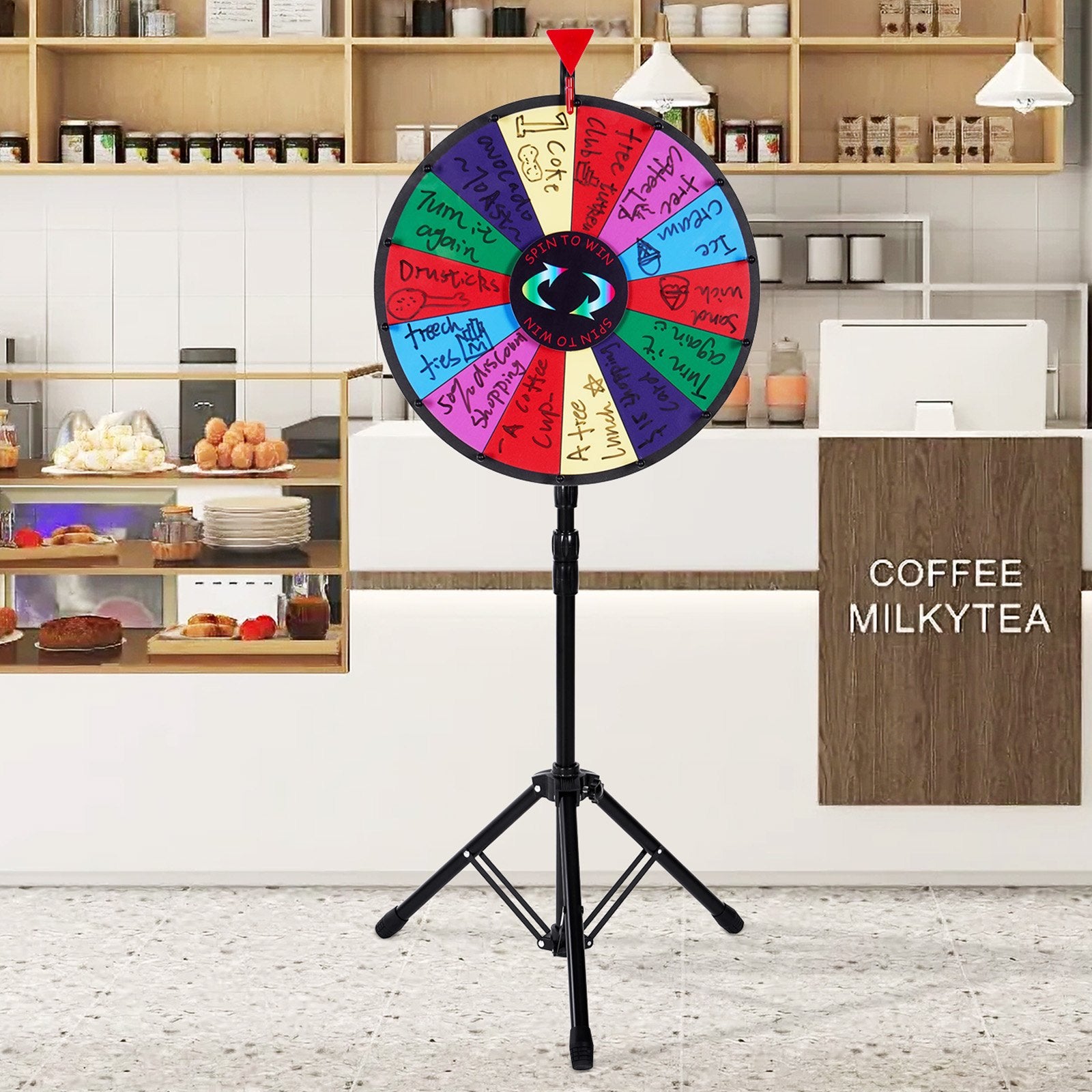 18 Inch Tabletop Color Prize Wheel with Folding Tripod Floor Stand 14 Slots Dry Erase V952-18YCSJZCCSZL00001V0