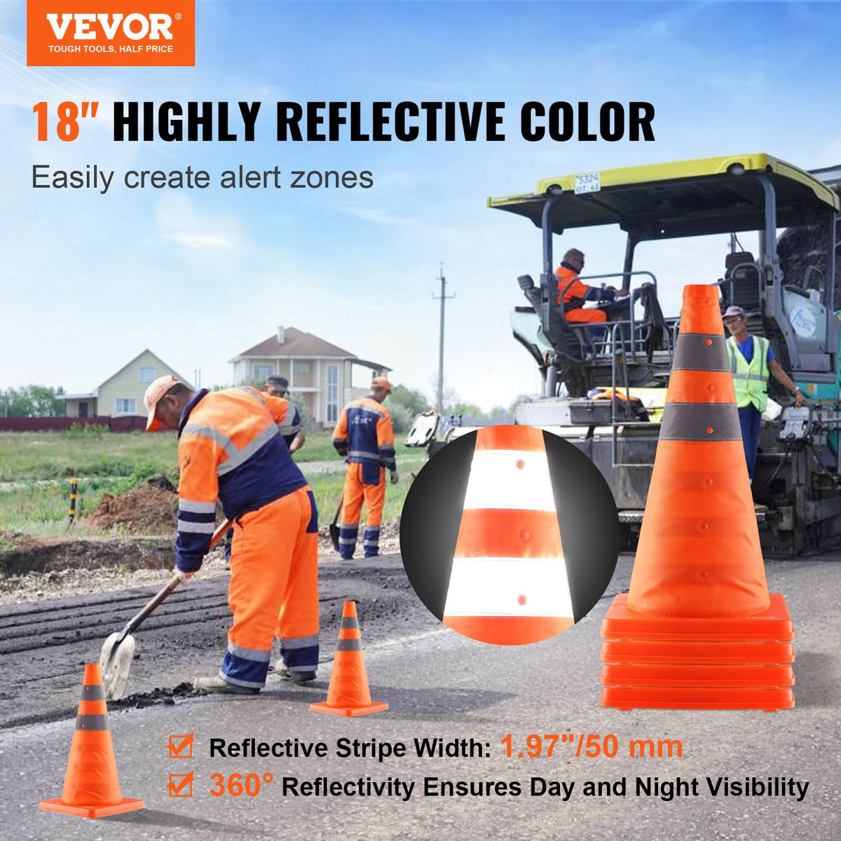 Safety Cones, 4 Pack 18 inch Collapsible Traffic Cones, Construction Cones with Reflective Collars, Wide Base V952-18ZDAQZ18YCQM2TA7V0