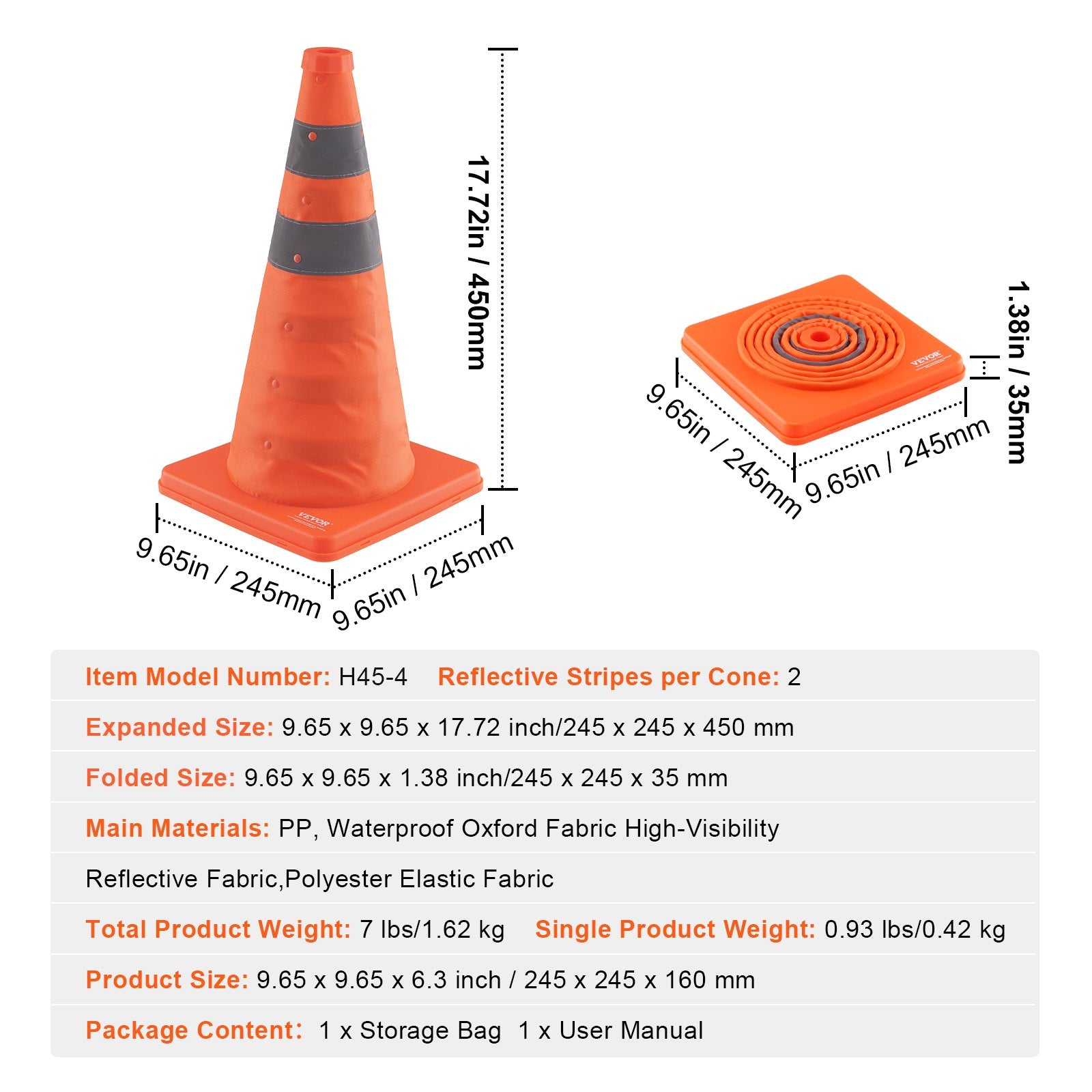 Safety Cones, 4 Pack 18 inch Collapsible Traffic Cones, Construction Cones with Reflective Collars, Wide Base V952-18ZDAQZ18YCQM2TA7V0