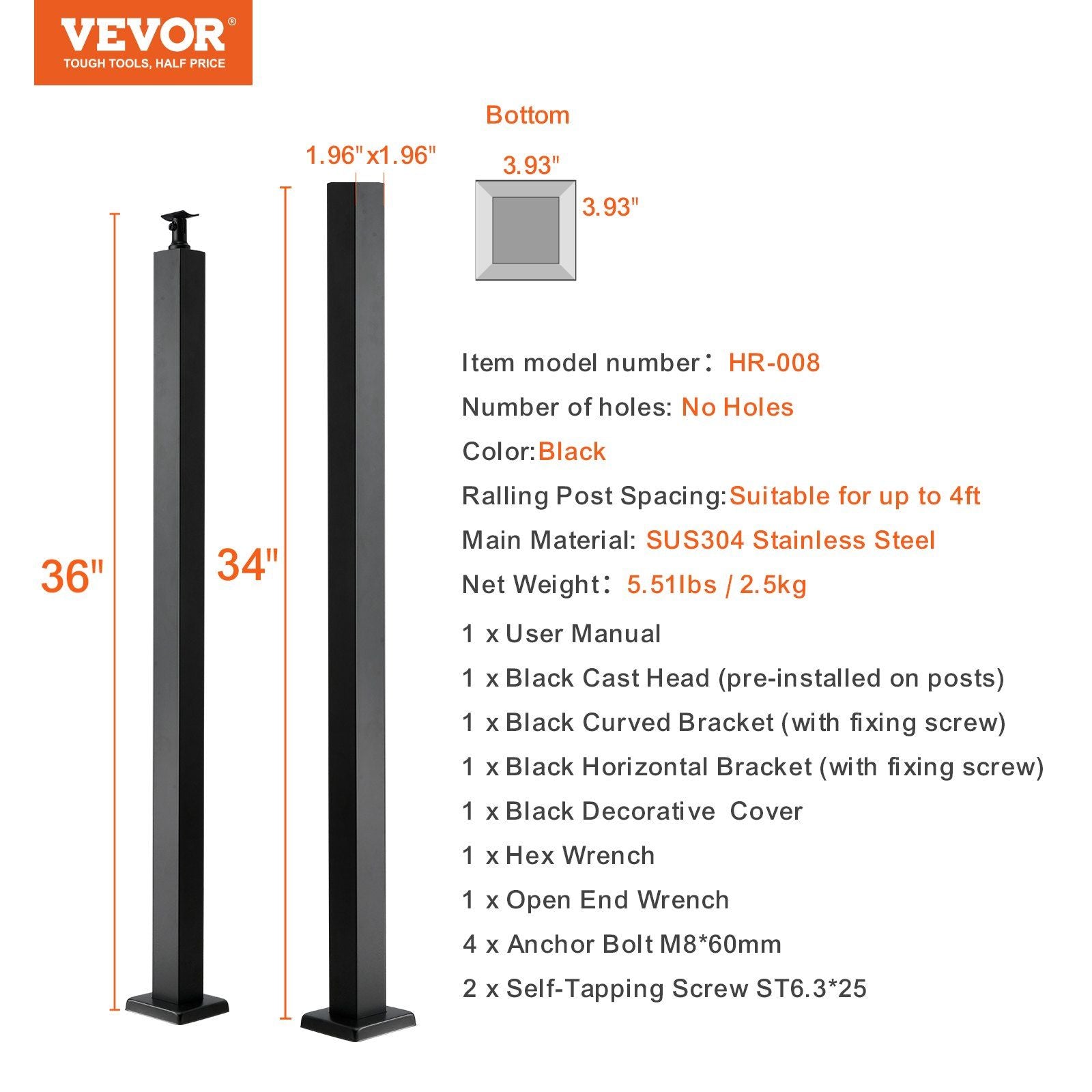 Cable Railing Post, 36" x 2" x 2" Steel Level Deck Railing Post Without Holes, SUS304 Stainless Steel Cable V952-1JZLGZ91455H6Z2UHV0