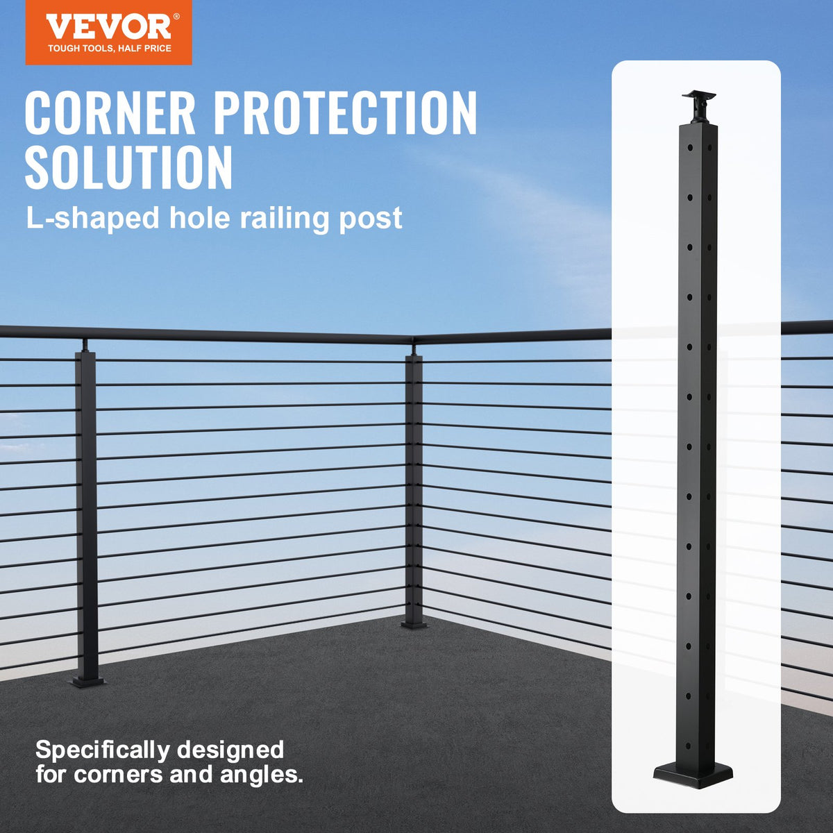 Cable Railing Post, 42" x 1" x 2" Steel L-Shaped Hole Corner Railing Post, 12 Pre-Drilled Holes, SUS304 V952-1JZLGZHS1067CSWRBV0
