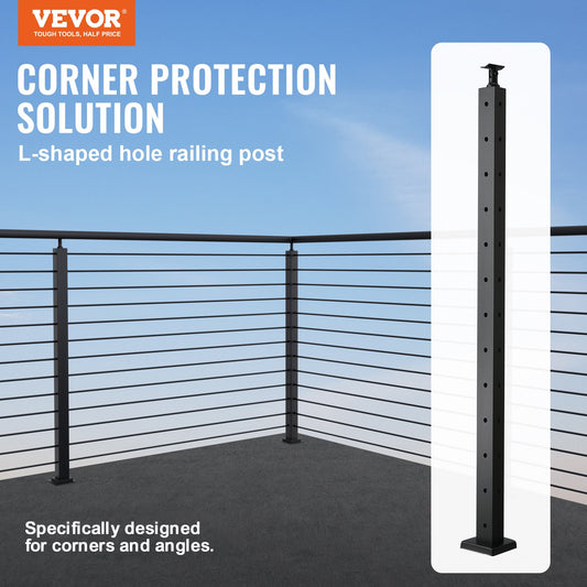 Cable Railing Post, 42" x 1" x 2" Steel L-Shaped Hole Corner Railing Post, 12 Pre-Drilled Holes, SUS304 V952-1JZLGZHS1067CSWRBV0