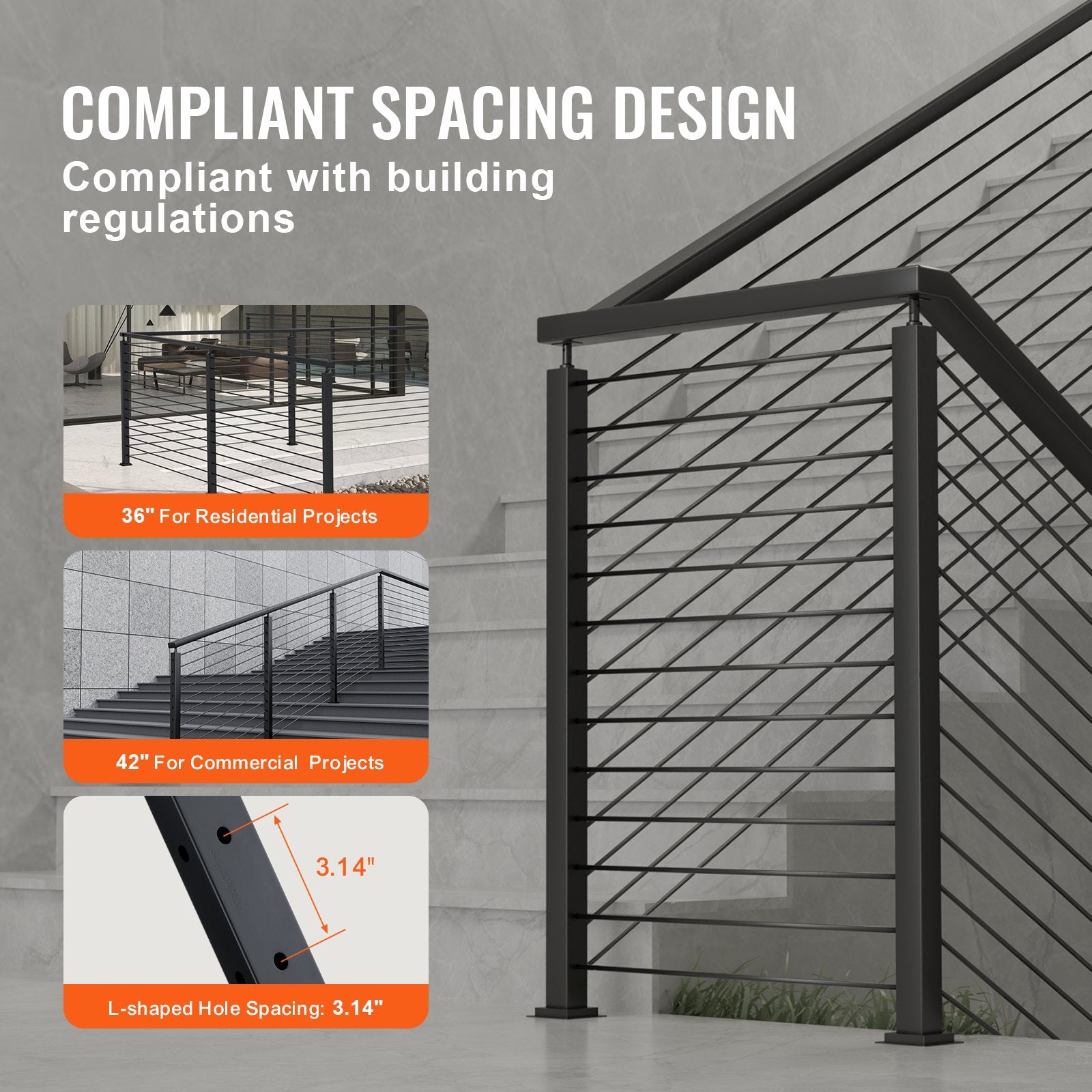 Cable Railing Post, 42" x 1" x 2" Steel L-Shaped Hole Corner Railing Post, 12 Pre-Drilled Holes, SUS304 V952-1JZLGZHS1067CSWRBV0