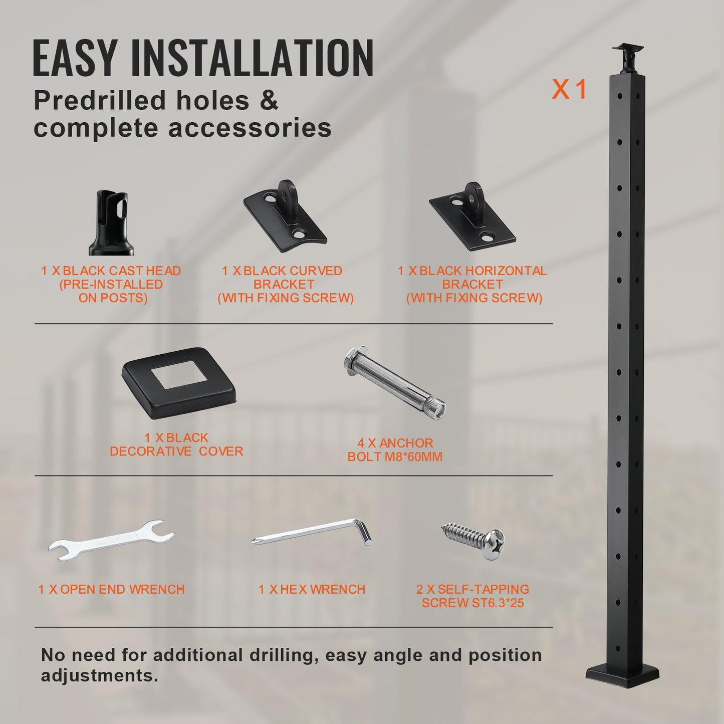 Cable Railing Post, 42" x 1" x 2" Steel L-Shaped Hole Corner Railing Post, 12 Pre-Drilled Holes, SUS304 V952-1JZLGZHS1067CSWRBV0