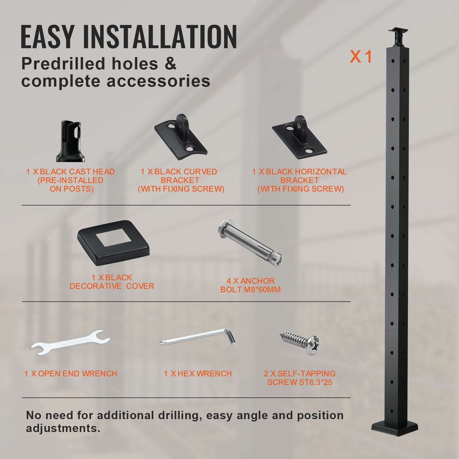 Cable Railing Post, 42" x 1" x 2" Steel L-Shaped Hole Corner Railing Post, 12 Pre-Drilled Holes, SUS304 V952-1JZLGZHS1067CSWRBV0